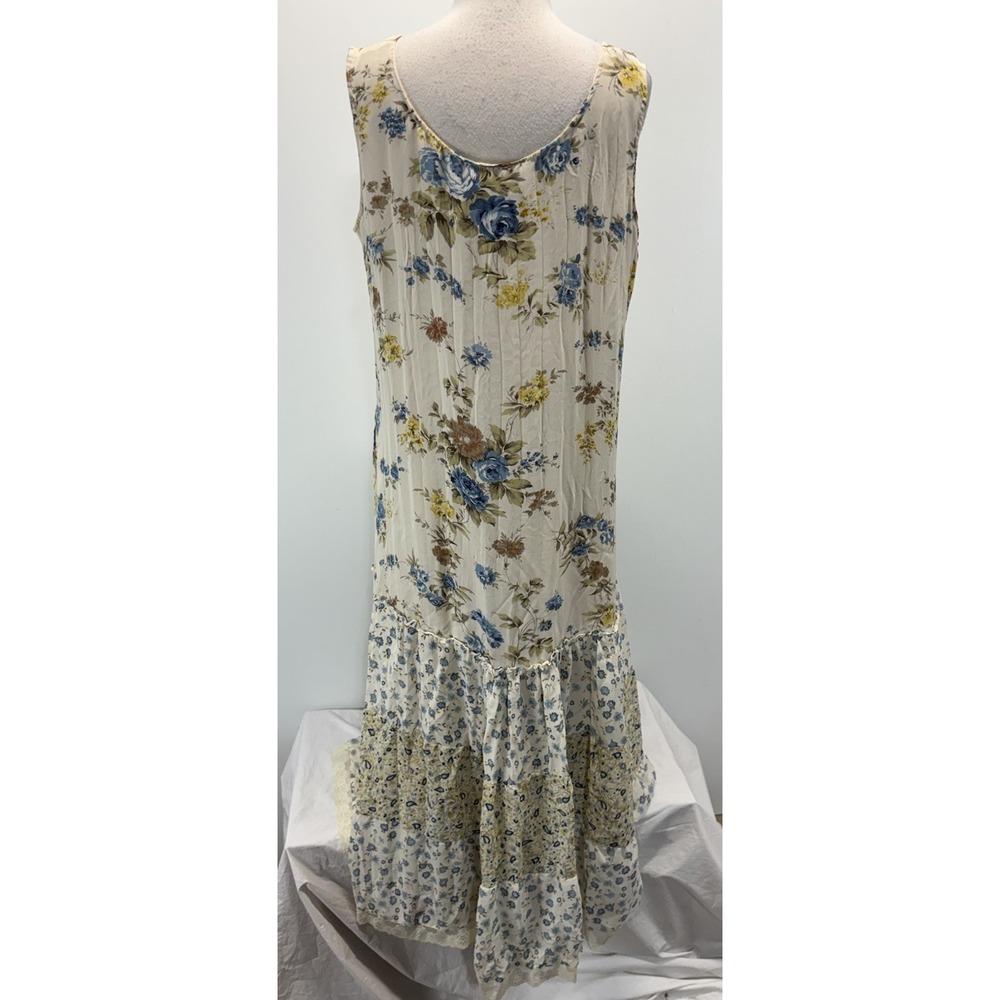 Robbie Bee Floral Patchwork Maxi Dress Womens XL Blue Yellow Crinkle Boho Tiered - Picture 3 of 8
